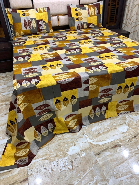 

Pure Decor Yellow & Brown Floral 400 TC Cotton King Bedsheet with 2 Pillow Covers