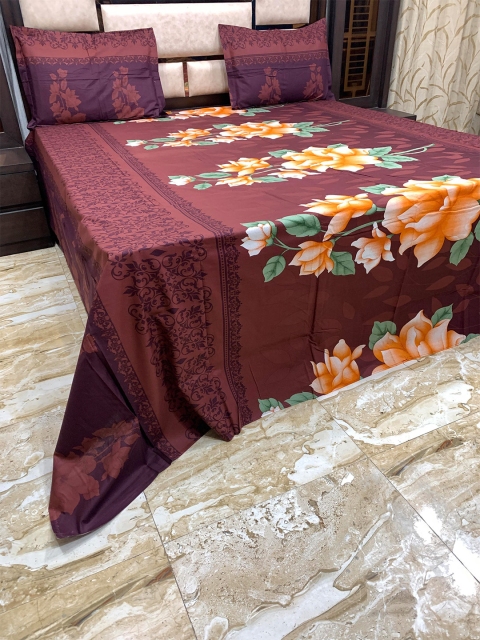 

Pure Decor Brown & Yellow Floral 400 TC Cotton King Bedsheet with 2 Pillow Covers