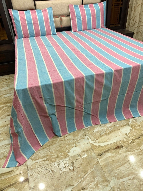 

Pure Decor Blue & Pink Striped 400 TC King Bedsheet with 2 Pillow Covers