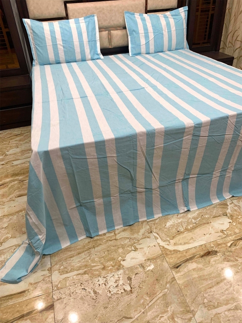 

Pure Decor Blue & White Striped 400 TC Cotton King Bedsheet with 2 Pillow Covers