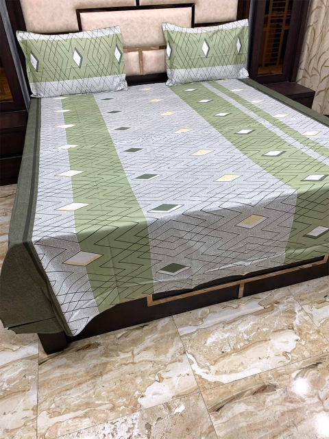 

Pure Decor Green & Grey Geometric 300 TC Cotton Queen Bedsheet with 2 Pillow Covers