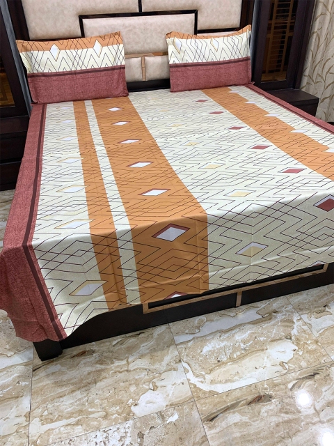 

Pure Decor Orange & Off White Printed 300 TC Pure Cotton Queen Bedsheet & 2 Pillow Covers