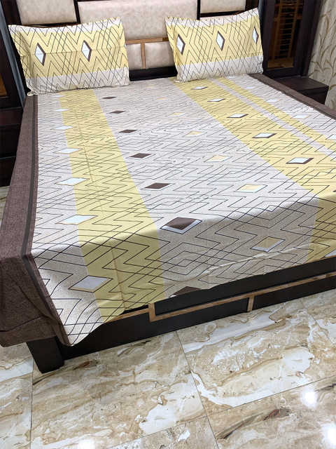 

Pure Decor Yellow & Grey Geometric 300 TC Queen Bedsheet with 2 Pillow Covers