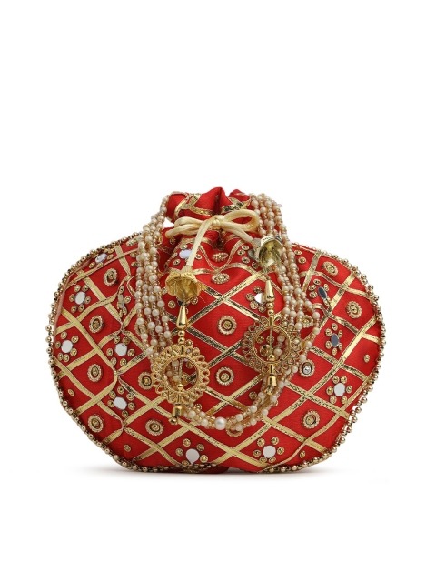 

gaura pakhi Red & Gold-Toned Embroidered Potli Clutch