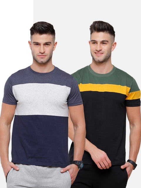 

MADSTO Men Black Pack of 2 Colourblocked Slim Fit T-shirt