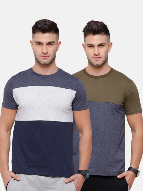 

MADSTO Men Grey 2 Striped Slim Fit T-shirt, Navy blue