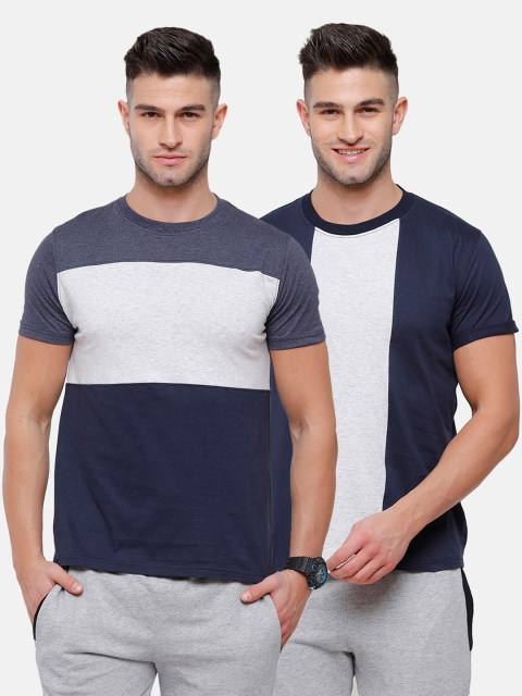 

MADSTO Men Navy Blue Pack Of 2 Colourblocked Slim Fit T-shirt