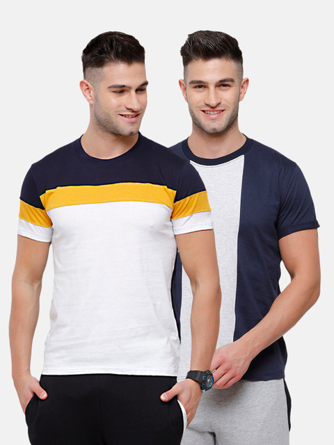 

MADSTO Men Navy Blue & White Pack of 2 Slim Fit T-shirt
