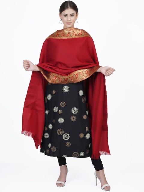 

La Vastraa Women Red & Gold Toned Pure Wool Woven Shawl