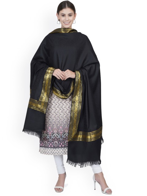 

La Vastraa Women Black & Gold-Colored Woven Pure Wool Shawl