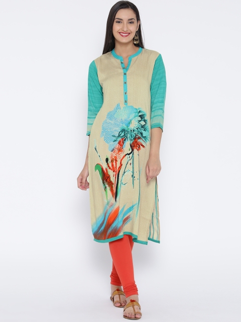 Shree Women Beige & Sea Green Printed Straight Kurta available at myntra for Rs.399