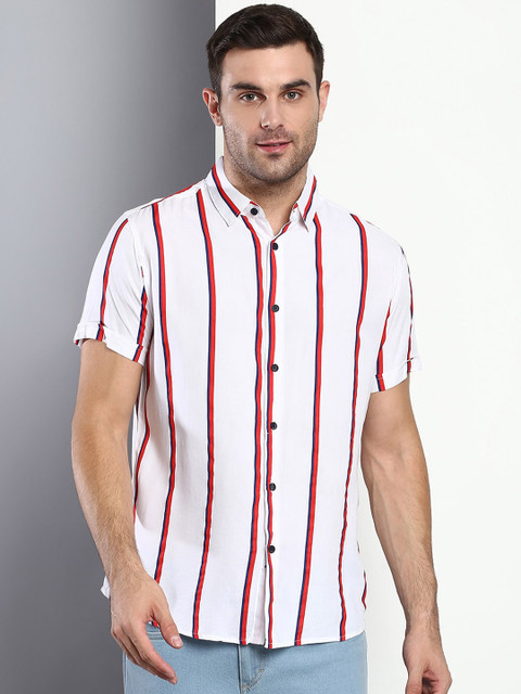 

Dennis Lingo Men White Slim Fit Striped Casual Shirt