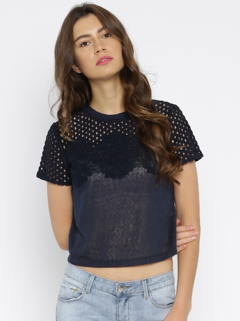 

ONLY Women Navy Patch Lace Sheer Crop Top, Navy blue