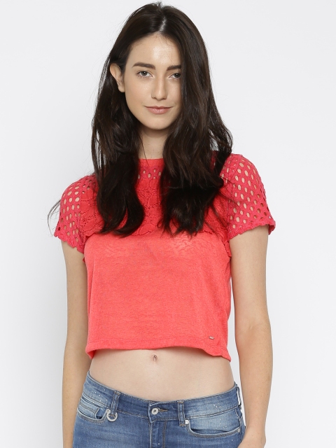 

ONLY Women Pink Semi-Sheer Patch Lace Crop Top