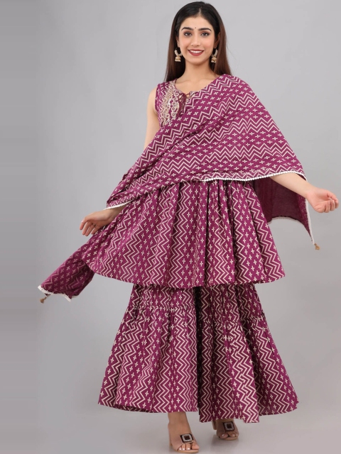 

FASHION DWAR Women Purple Printed Panelled Pure Cotton Kurta with Sharara & With Dupatta