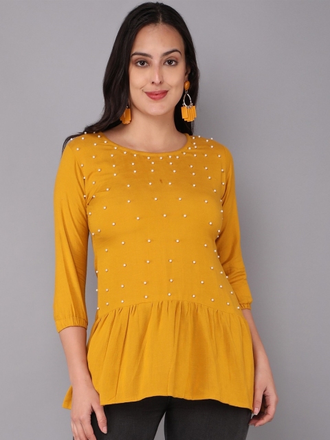 

PARIKA CREATION Yellow Geometric Print Applique Longline Top