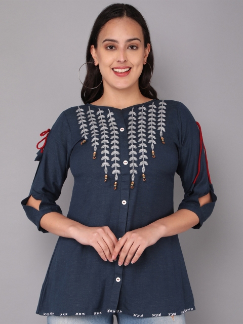 

PARIKA CREATION Blue Embellished Shirt Style Top