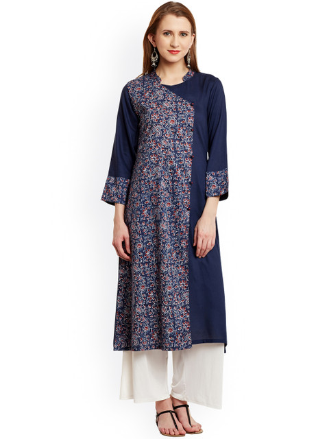 

Tissu Women Navy Printed Angrakha Style A-Line Kurta, Navy blue