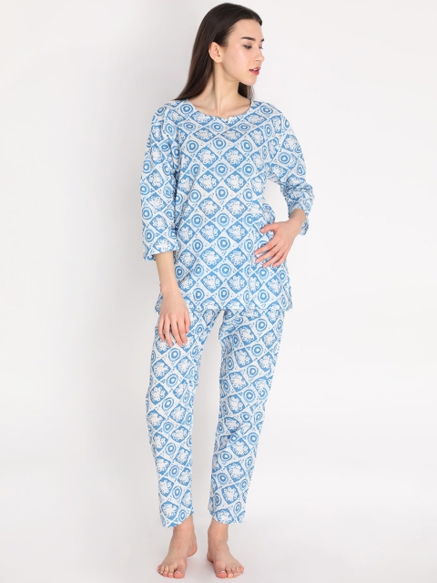 

Duchess Women White & Blue Printed Cotton Night Suit