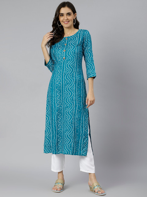 

KALINI Women Blue Bandhani Printed Keyhole Neck Flared Sleeves Straight Kurta