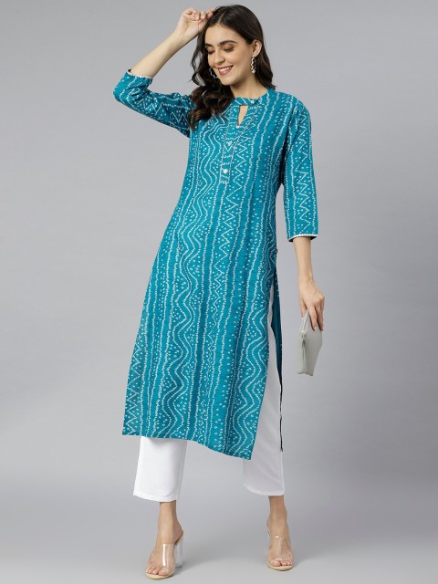 

KALINI Women Blue Bandhani Printed Keyhole Neck Kurta