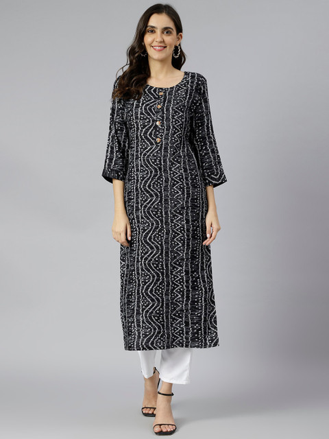 

KALINI Women Black & White Bandhani Straight Kurta