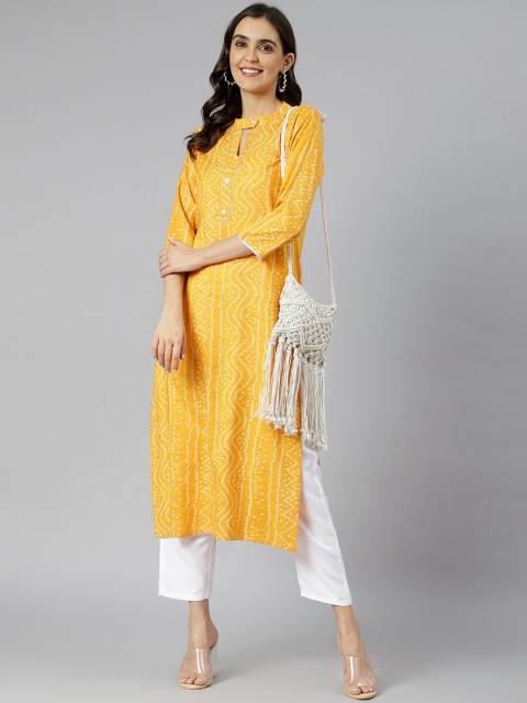 

KALINI Women Yellow Ethnic Motifs Printed Keyhole Neck Kurta