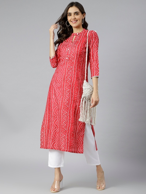 

KALINI Women Red Bandhani Keyhole Neck Straight Kurta