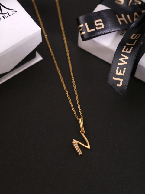 

Hiara Jewels Gold-Plated CZ Stone-Studded N-Shaped Pendant With Chain