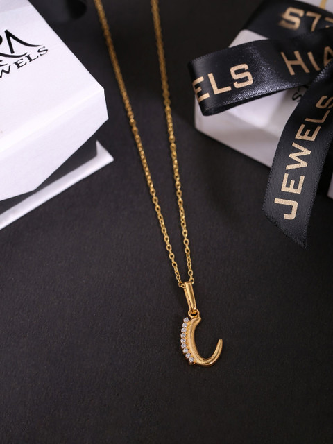 

Hiara Jewels 925 Sterling Silver Gold-Plated & White CZ-Studded C Letter Charm Pendant With Chain