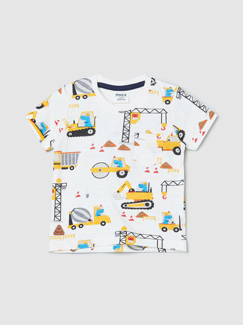 

max Boys White Printed Round Neck with Short Sleeves T-shirt