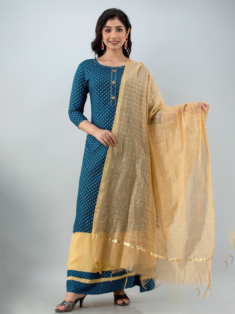 

Lovista Women Blue & Gold Printed Kurta With Skirt & With Dupatta