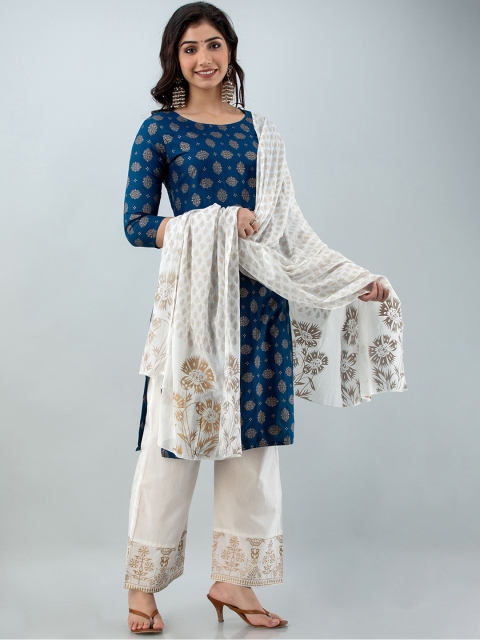 

Lovista Women Blue & White Ethnic Motifs Printed Kurta with Palazzos & With Dupatta