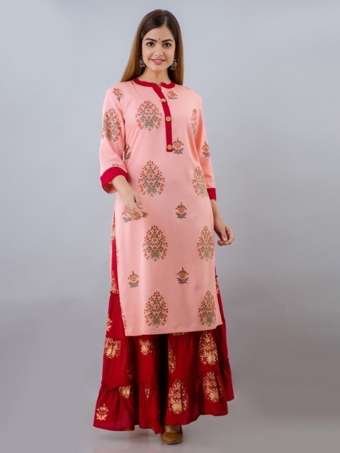 

Lovista Women Peach-Coloured Ethnic Motifs Printed Kurta with Sharara