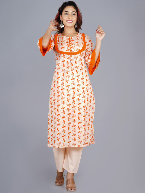 

Lovista Women Orange Floral Printed Pure Cotton Kurta with Trousers