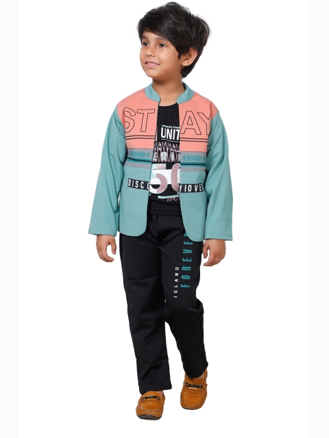 

DKGF FASHION Boys Green & Navy Blue Printed 3 Piece Suit