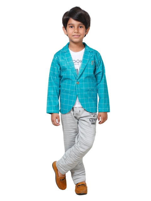 

DKGF FASHION Boys Green & Grey Checked Coat with Trousers