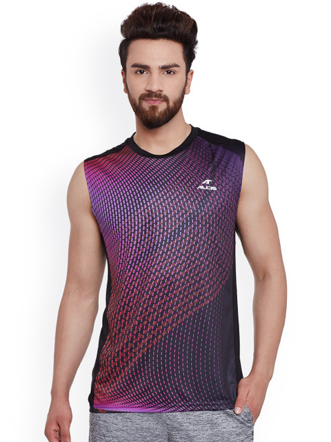 

Alcis Men Black & Pink Printed Sleeveless Slim Fit Sports T-shirt