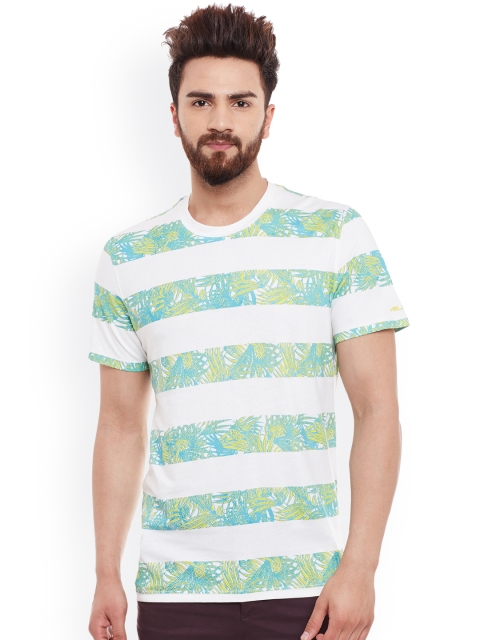 

Alcis Men Off-White & Green Striped Round Neck Slim Fit Sports T-shirt