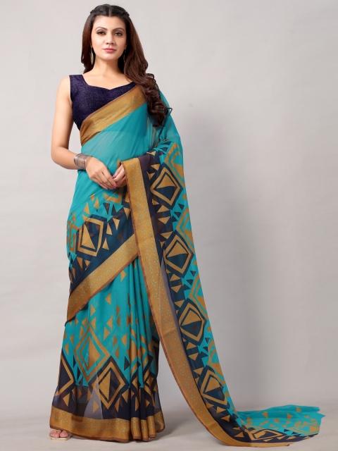 

HRITIKA Turquoise Blue & Beige Printed Brasso Saree