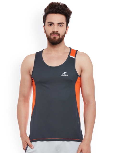 Alcis Men Grey & Orange Round Neck Sleevelees Slim Fit Sports T-shirt available at myntra for Rs.299