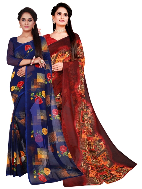 

KALINI Pack of 2 Navy Blue & Brown Floral Saree