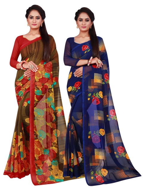 

KALINI Pack of 2 Navy Blue & Brown Pure Georgette Saree