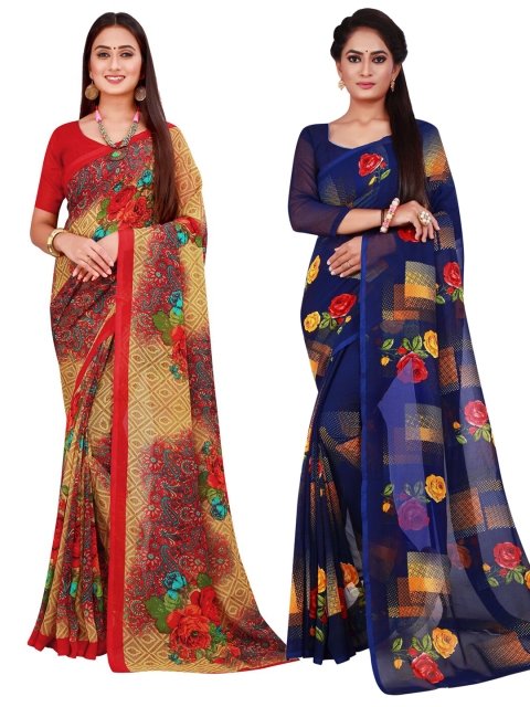 

KALINI Pack of 2 Navy Blue & Beige Floral Pure Georgette Saree