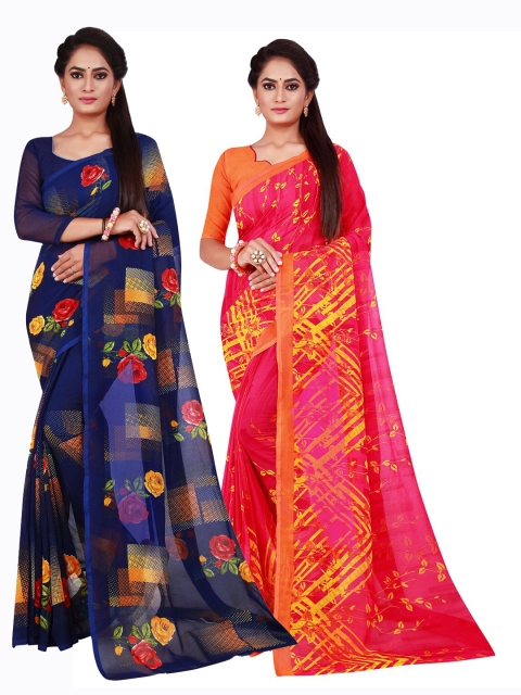 

KALINI Pack of 2 Floral Pure Georgette Saree, Navy blue