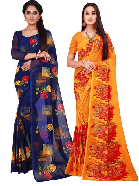 

KALINI Orange & Navy Blue Floral Pure Georgette Saree