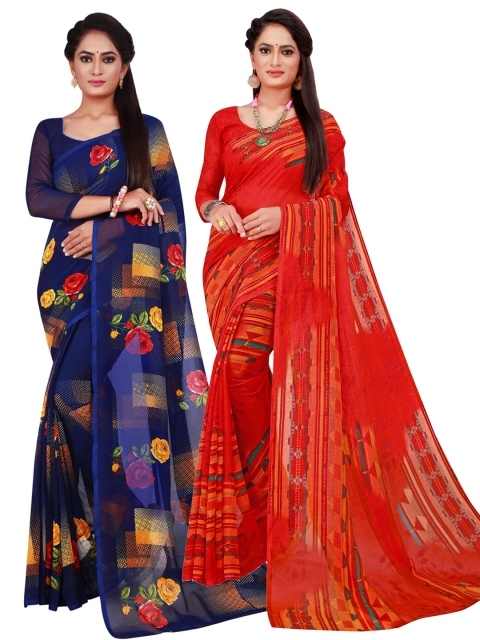 

KALINI Pack Of 2 Red & Blue Floral Pure Georgette Saree