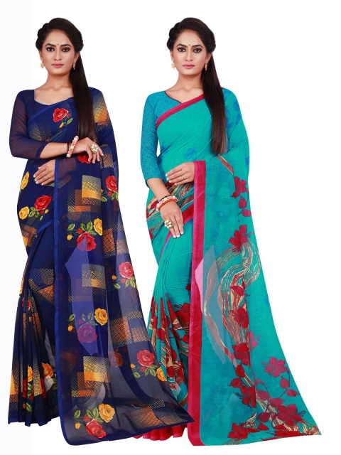 

KALINI Pack of 2 Navy Blue & Sea Green Floral Saree