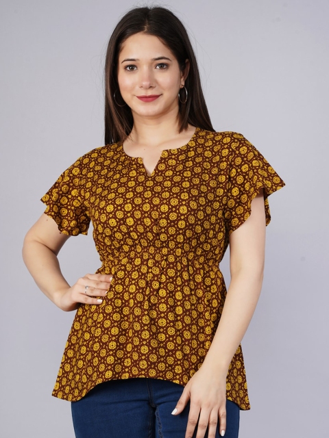 

NITVAN Mustard Yellow Print Cinched Waist Top