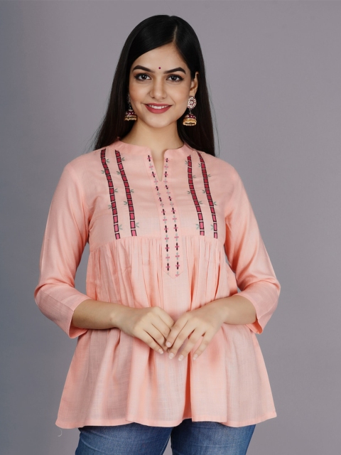 

NITVAN Pink Mandarin Collar Embroidered Empire Top